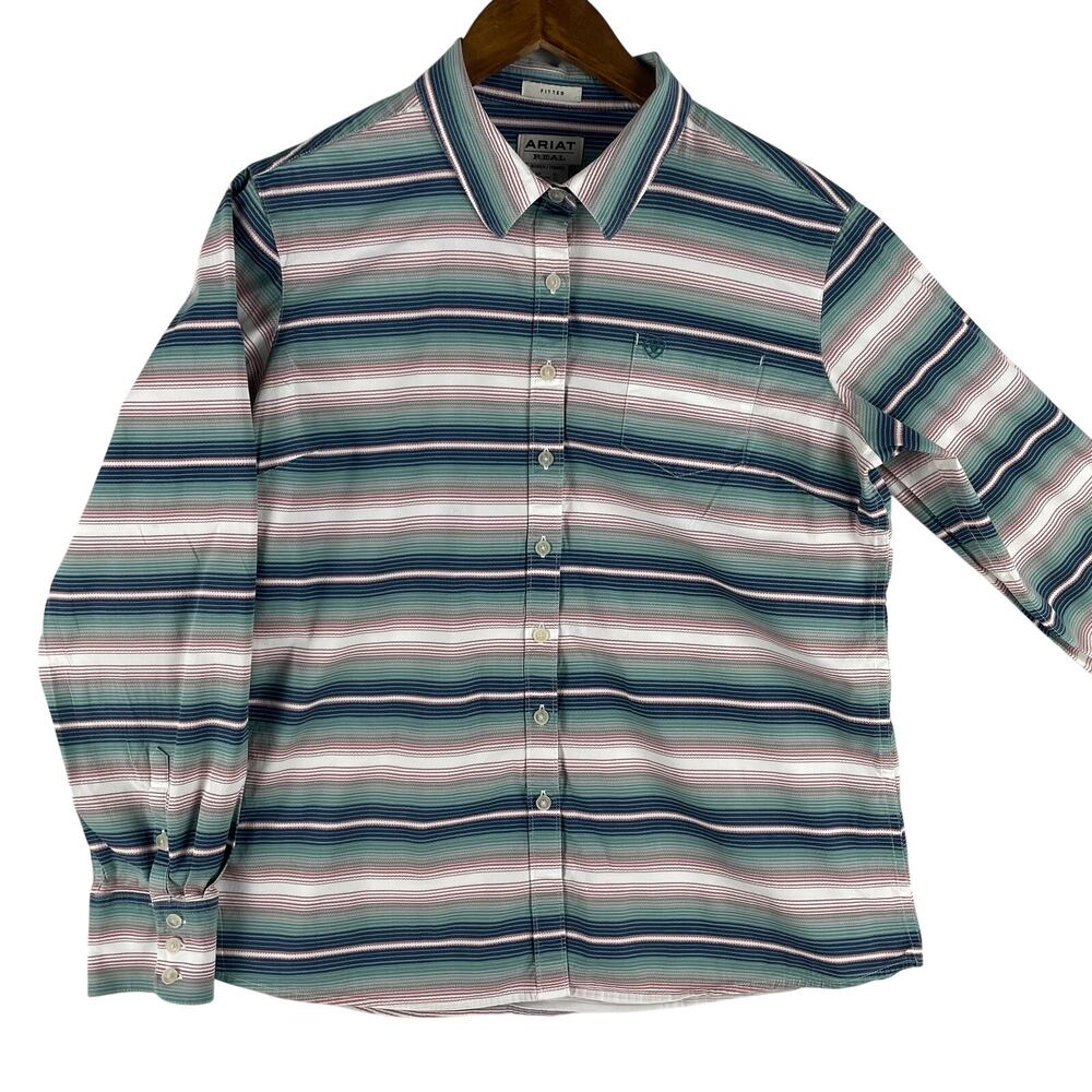 Ariat Real Kirby WMNS SZ XL Navy Sage Rose Stripe Stretch LS Western Shirt EUC